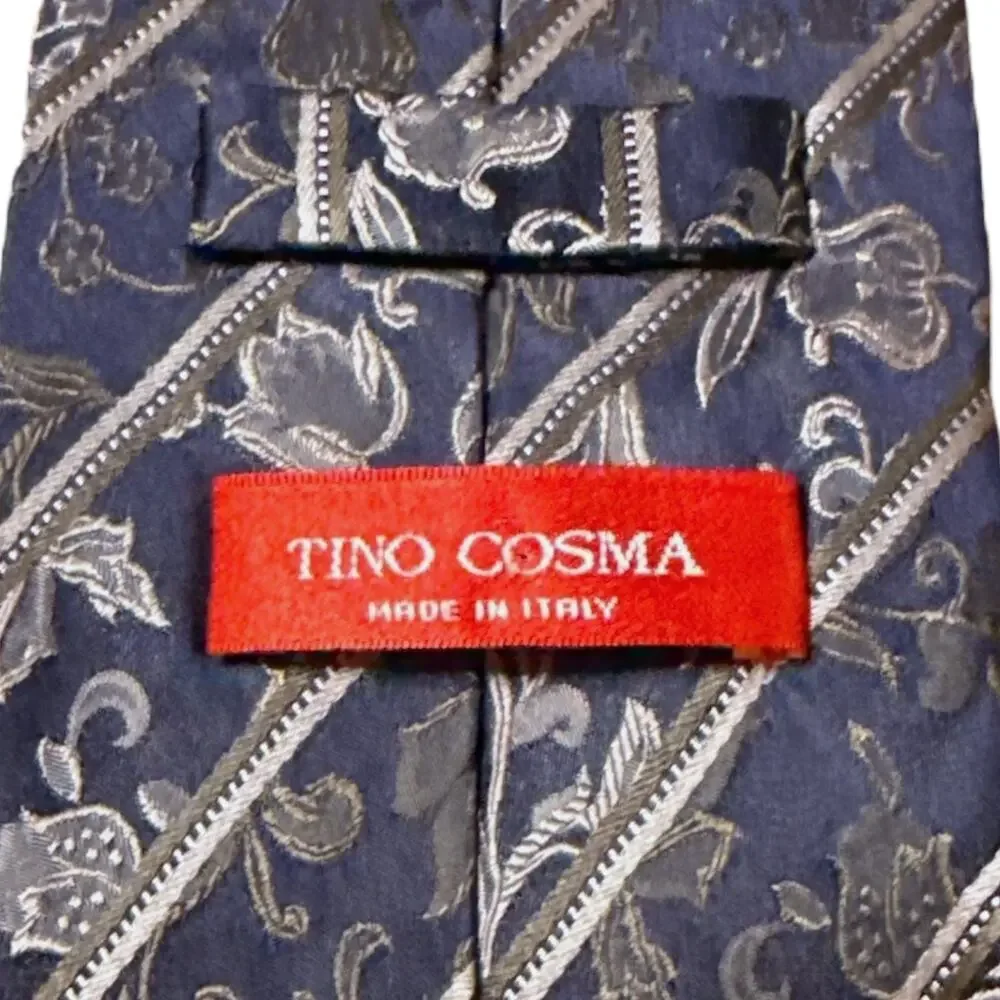 Vintage Tino Cosma Floral Tie Mens Navy Silver Tan Iridescent 100% Silk Long